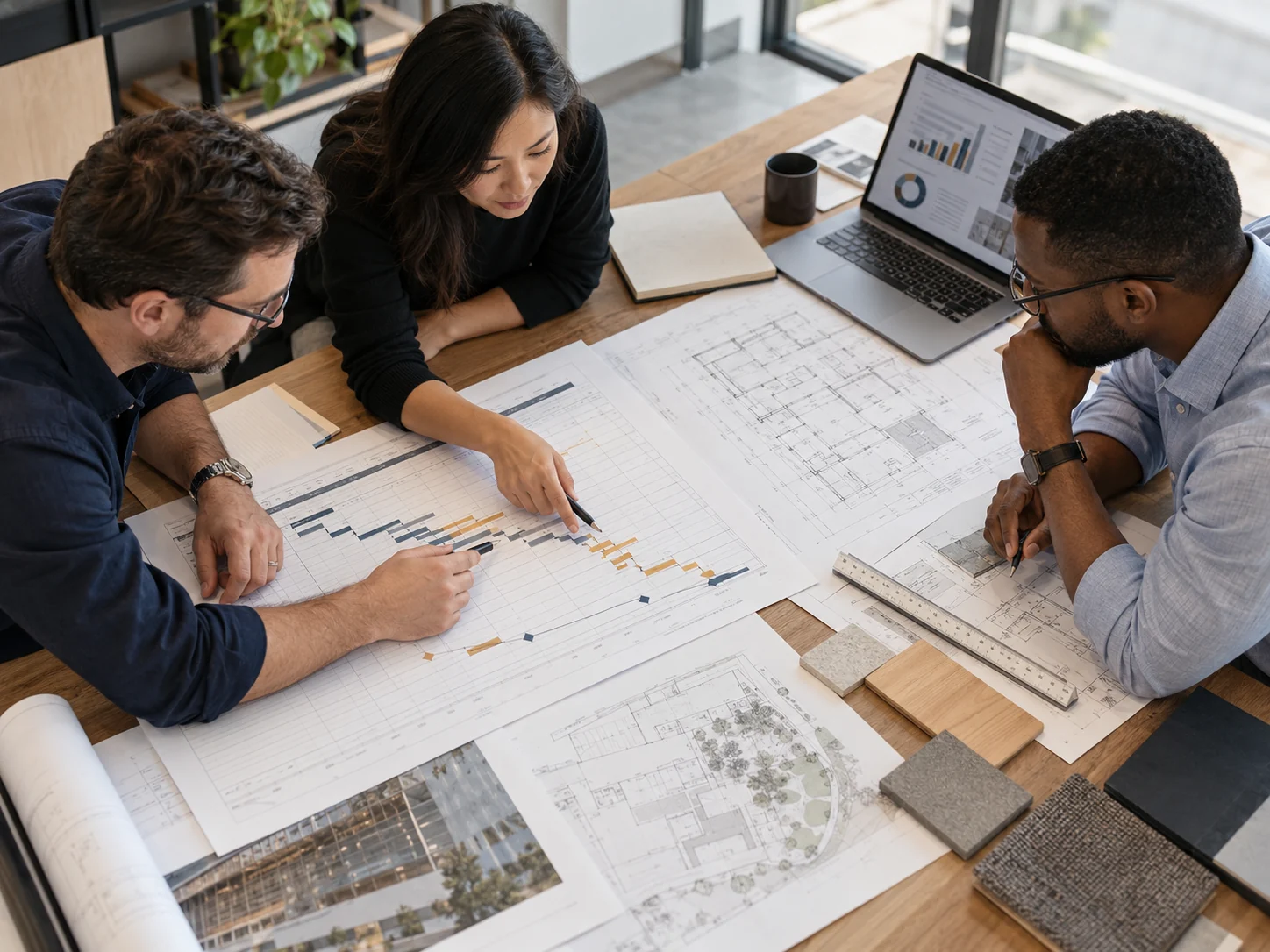 Project team coordinating a programme and technical drawings